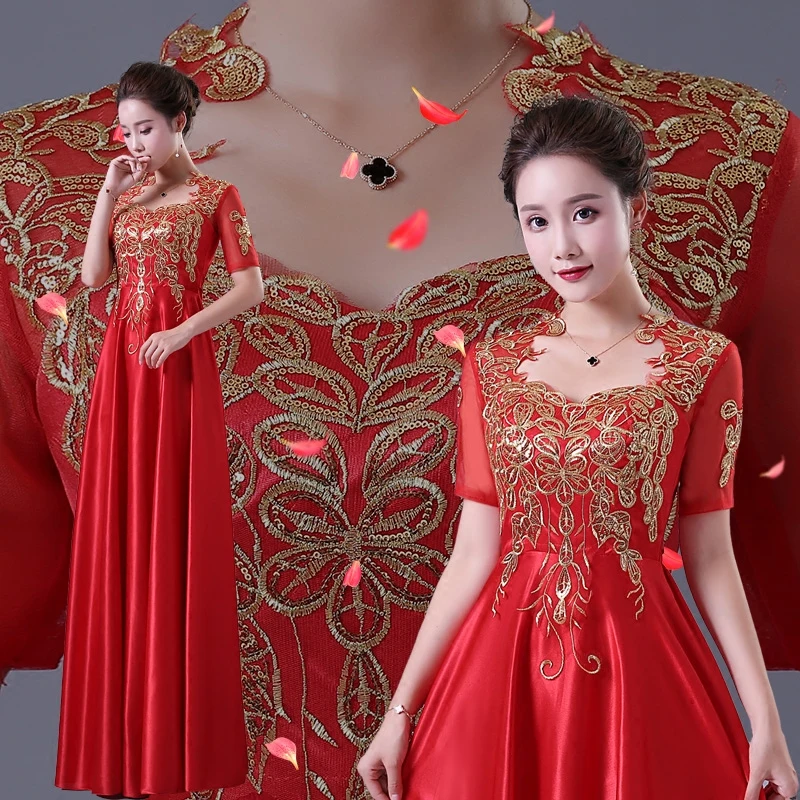 

The new choir beaded sequined costumes for adults dignified atmosphere moderator short-sleeved dress elegant long section TB7923