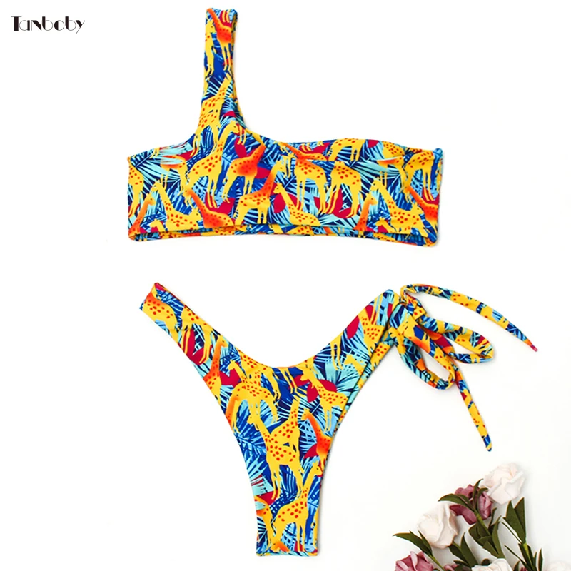 Maillot De Bain одежда заплыва костюмы для женщин Ретро Pringting бикини со стрингами, женский купальник 2019 пикантные одно плечо трусики бикини