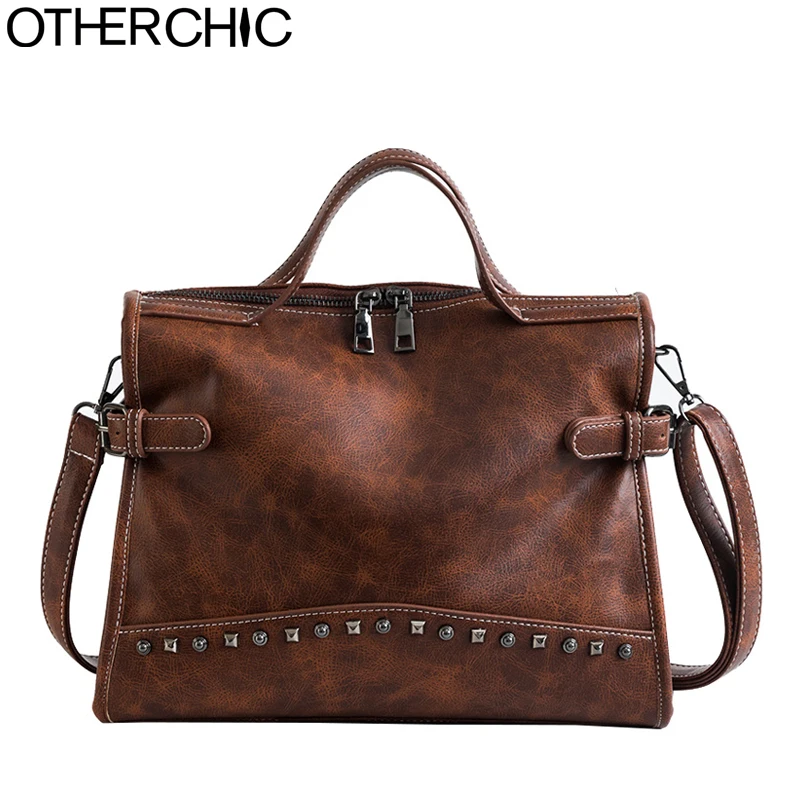 

OTHERCHIC Top Handle Brand Studded Tote Crossbody Messenger Bag Casual Rivet Shoulder Bag Women Handbag Vintage Satchel Purse 09