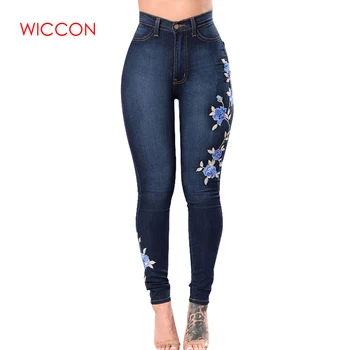 

WICCON Embroidery Jeans Woman Plus Size 3XL High Waist Jeans Gradient Denim Ladies Jeans streetwear Jeans Flower Pants Elastic