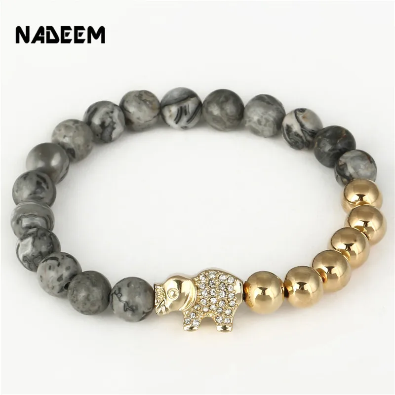 

Boho Style Full Crystal Elephant Charm 6mm Turquoise and Matte Stone Mens Bead Elastic Bracelet