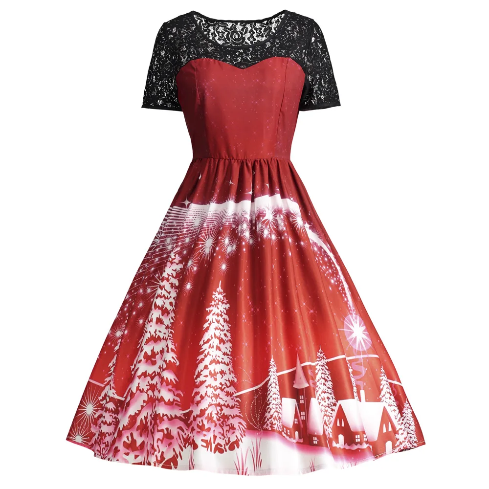 Kenancy Party Dresses Ugly Christmas Lace Panel Dress Women 1950s Style