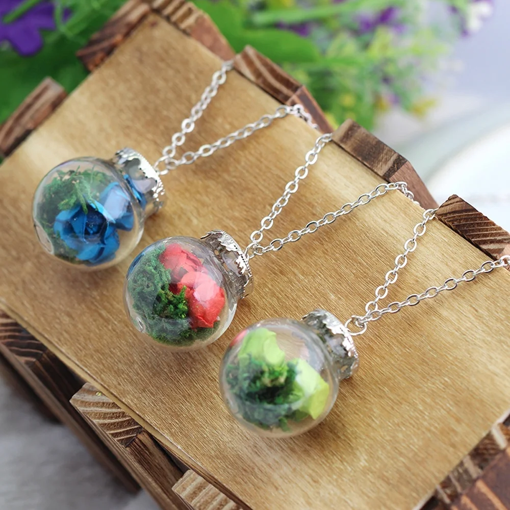 Hot Fashion 1Pcs Rose Dried Flower Necklace Paper Rose Flowers Glass