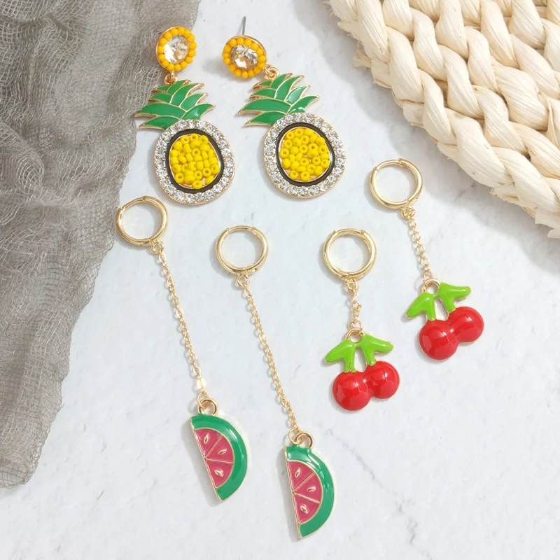 Lalynnlys Cute Cherry Watermelon Pineapple Drop Earrings New Fashion Rhinestone Fruit Dangle Earrings Ear Accessories Hot E60491