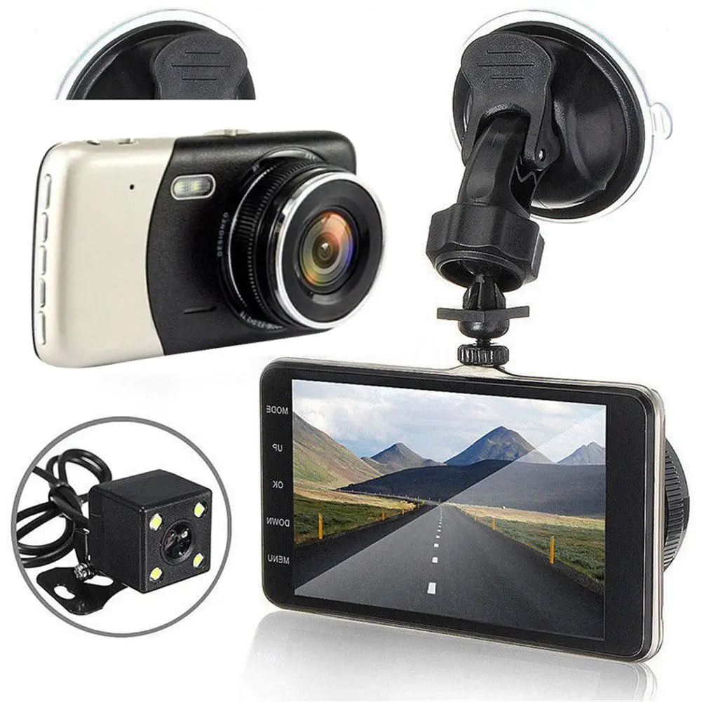 4-дюймовый ips Full HD 1080P вождение автомобиля Регистраторы Dashcam Видеорегистраторы для автомобилей вождения Регистраторы 170 градусов Широкий формат с двумя объективами Автомобильный видеорегистратор