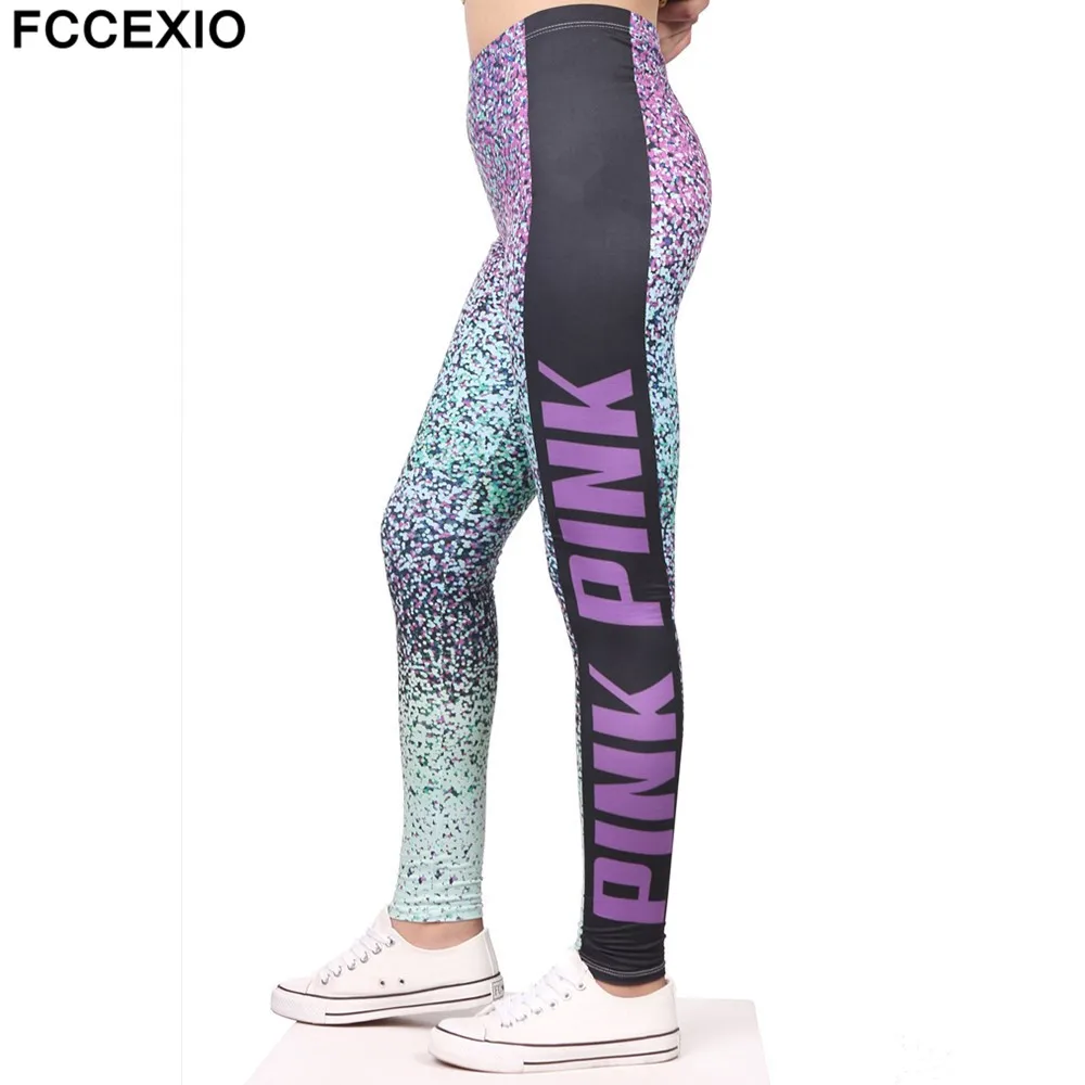 

FCCEXIO Spring Leggings PINK Letter Print Fitness Legging High Stretch Leggins High Waist Slim Sexy Legins Trouser Women Pants