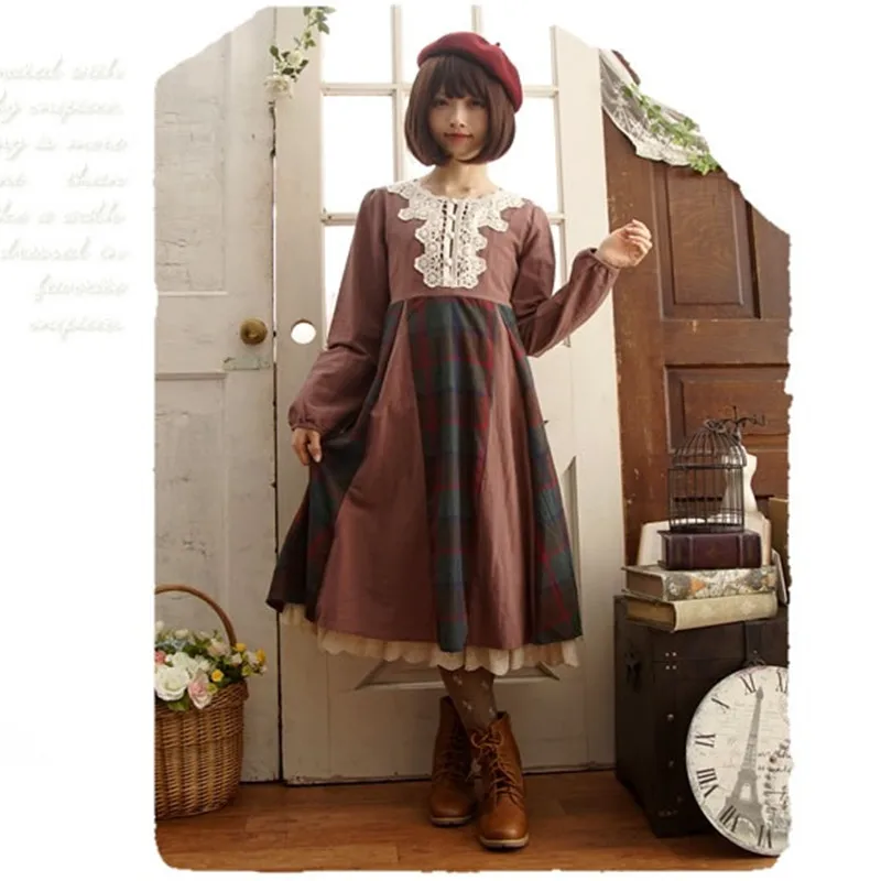 

Spring Autumn Mori Girl Linen Cotton Dress Vintage Plaid Patchwork Long Sleeve Knee Length Women Dresses Female Vestido 16972