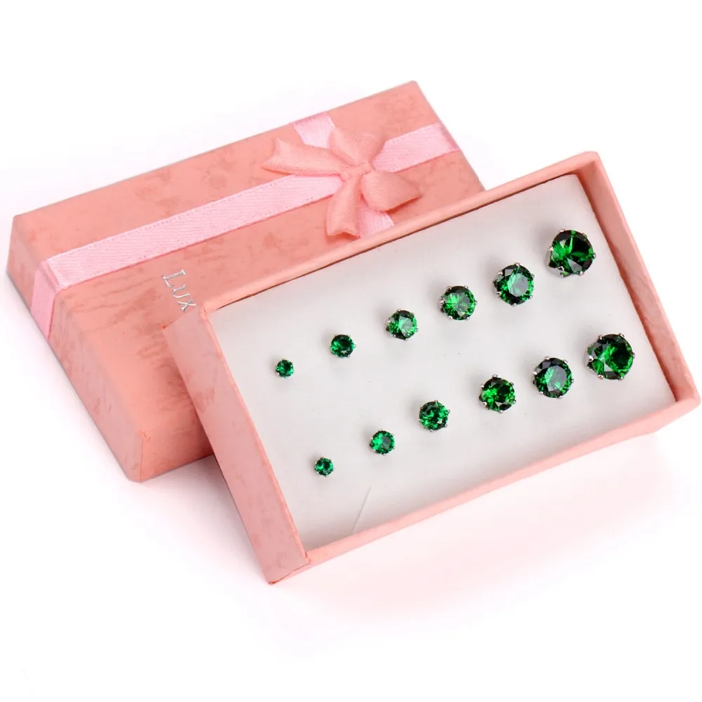 LUXUSTEEL Green/Purple/Pink/Blue/Red/Champagne/Yellow Cubic Zirconia 6Pairs/Boxes Earring Sets 3mm to 8mm Stud Earrings | Украшения и