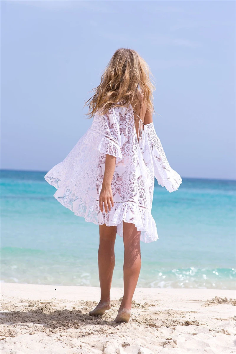 Облегающее богемное белое кружевное платье, купальник с оборками и расклешенными рукавами, сексуальные пляжные платья, женская летняя одежда, парео