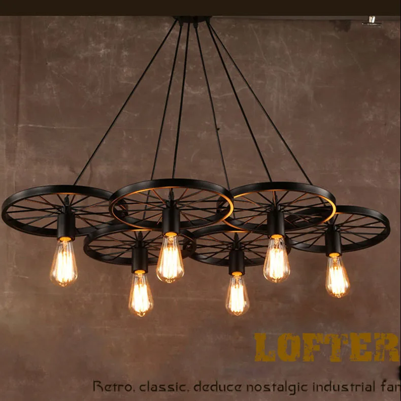 

wheel Design Wrought Iron Pendant Lamps lights Vintage Industrial Lighting Loft Wheel Lamp Bar lighs 1 / 3 / 6 wheel style