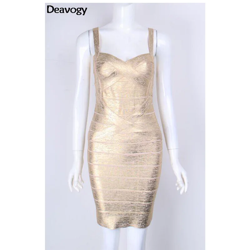 

Deavogy 2016 New Women Summer Foided Gold Sliver V Neck Strap Backless Bodycon Sexy Elegant Evening Party Bandage Dress Hot Sale