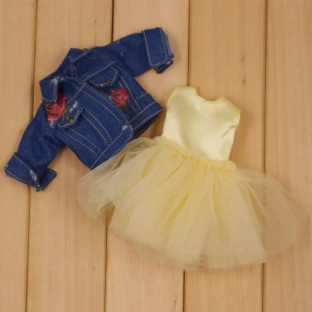 ICY DBS Blyth doll joint body clothes yellow pink Yarn skirt Gauzy Skirt with Denim jacket lady 7