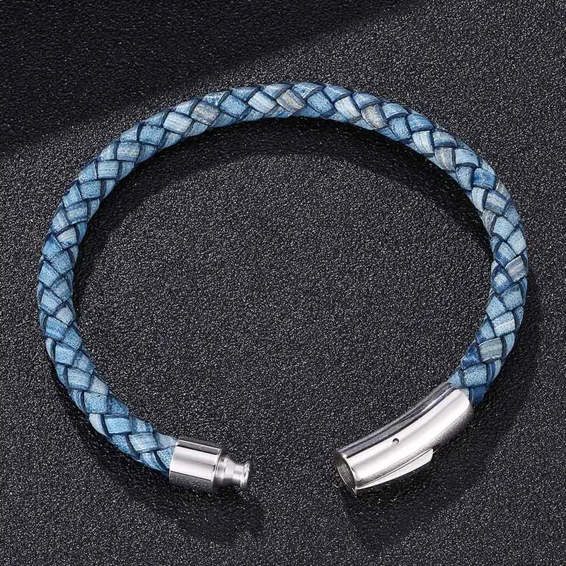 Модный мужской синий браслет из натуральной кожи, простая кнопка из нержавеющей стали, нейтральные аксессуары, ручная работа, ювелирные изделия, подарки PD0240