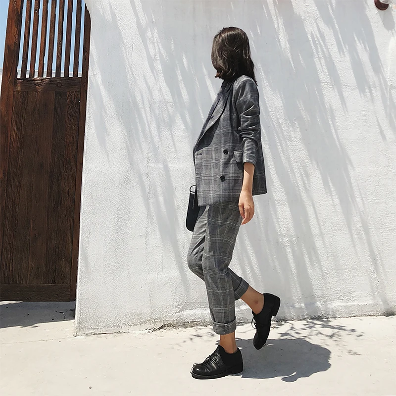 England Plaid Suits Women Autumn Blazer 2 Two Piece Set Ladies Pants Suits Striped Jacket & Pant trajes de mujer