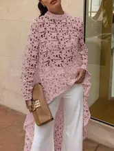 2021 outono moda feminina elegante casual retalhos flounded dip hem topo crochê irregular oco para fora ver através blusa