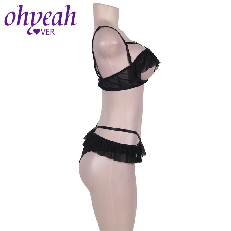 Женское нижнее белье Ohyeahlover черное с открытой промежностью и рюшами RM80405|bra and panty