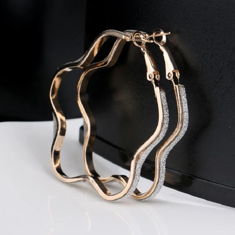 New Fashion Jewelry Matte Silver Plated Flower Shaped Square Large Big Hoop Earrings For women