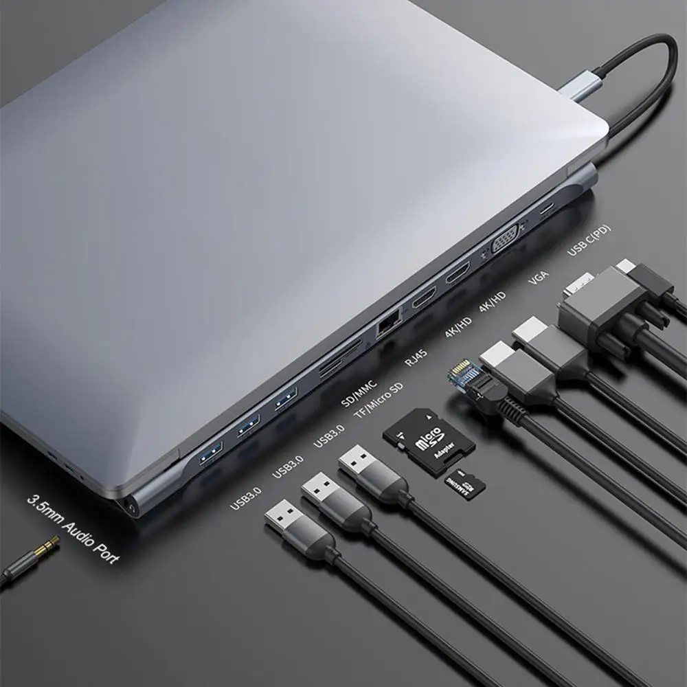 

10 in 1 USB-C HUB Type C HUB to USB 3.0 HDMI 3.5mm Audio RJ45 Card Reader Adapter for MacBook Notebook