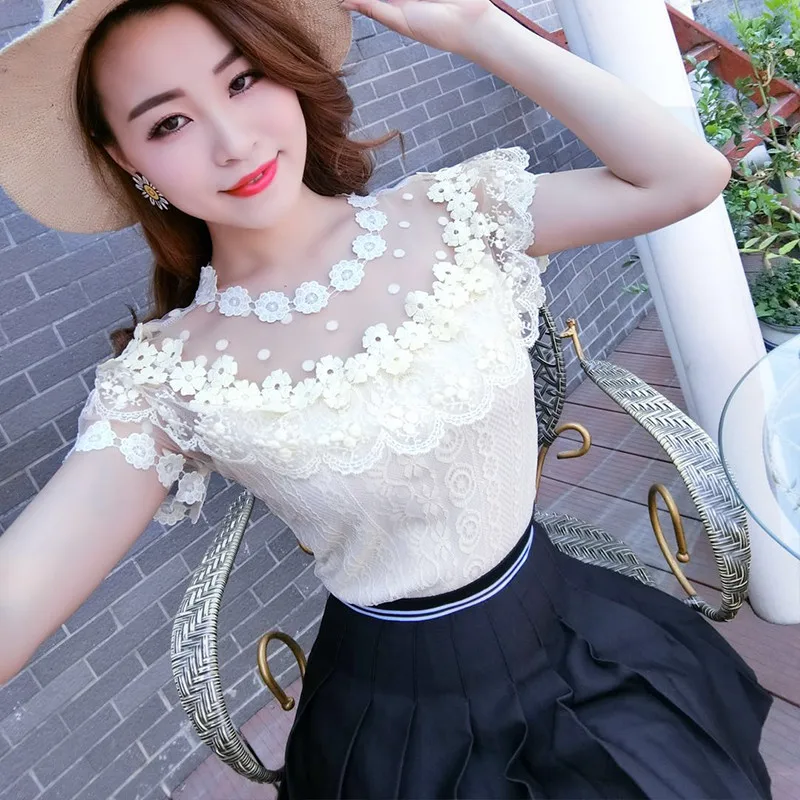 2018 New Women Summer Blouse Sweet Dot Floral Lace Shirt Female Slim Short Sleeve Ruffles Mesh Blouses Blusas Short Tops AB835 2