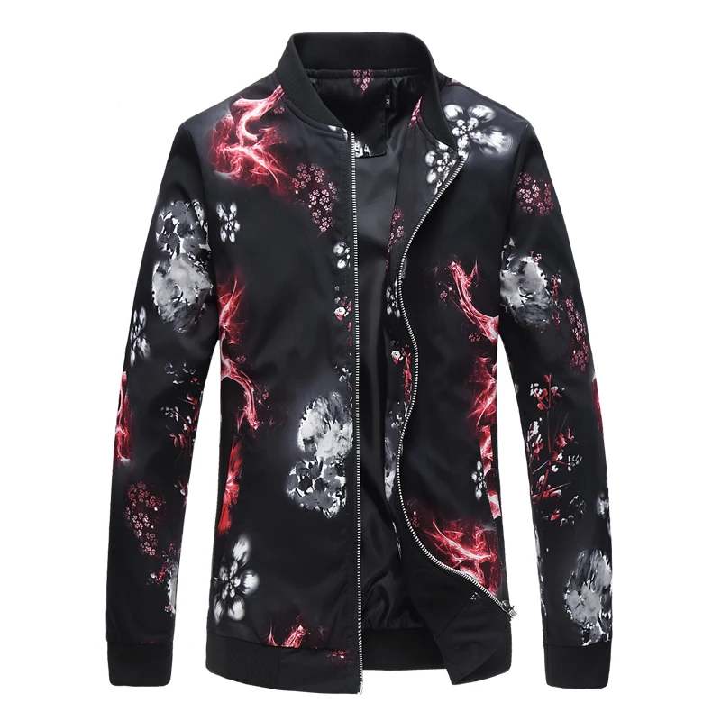 

Rose personality pattern color matching stitching jacket, men's large size loose collar casual wild flower coat S-6XL