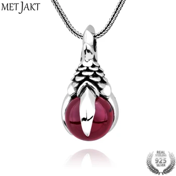 

MetJakt Mens Punk Dragon Claw Garnet Pendant Necklace Solid 925 Sterling Silver and Snake Chain Handmade Jewelry