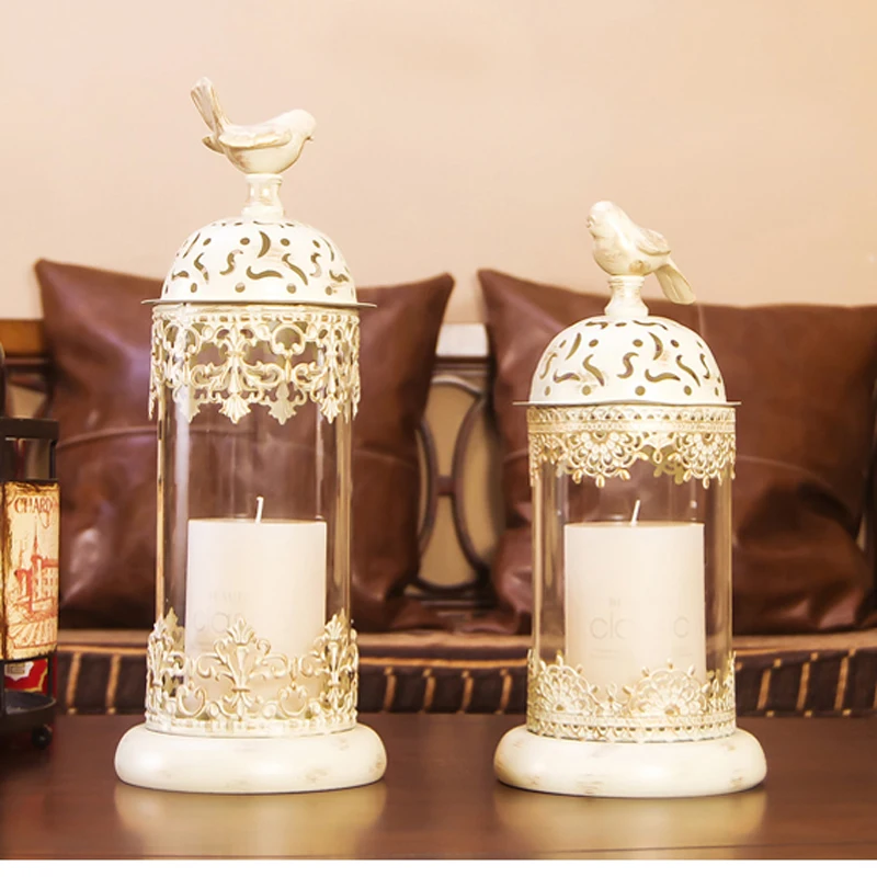 European Wedding Accents Hollow White Iron Glass Candle Lantern Set with Bird Lid European Wedding Accents Hollow White Iron Glass Candle Lantern Set with Bird Lid