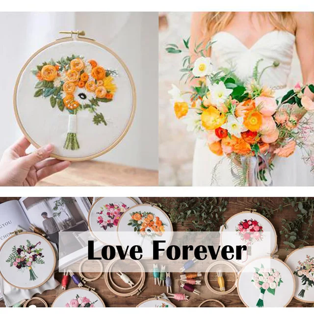 Flower Bouquet DIY Embroidery Kit Needlework Cross Stitch with Hoop Frame for Beginner Swing Art Painting Handcraft Wedding Gift 2