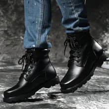 Теплые мужские зимние ботинки в стиле милитари; уличные ботинки с высоким голенищем на шнуровке для пеших прогулок; нескользящие теплые кожаные ботинки с шерстью