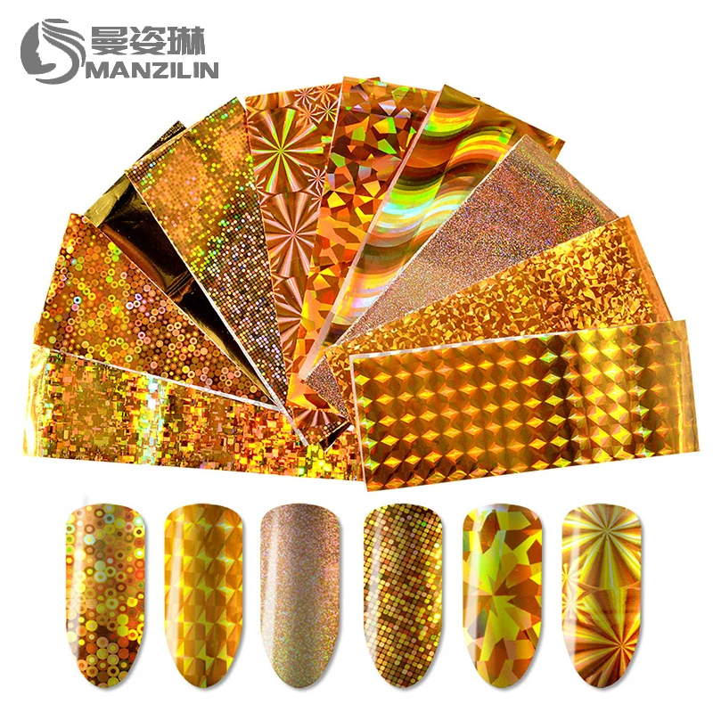 

10 Sheets Laser Shinning Mixed Colors Gold Silver Nail Art Foils Transfer Tips Sticker Holographic Decals Manicure Decoration