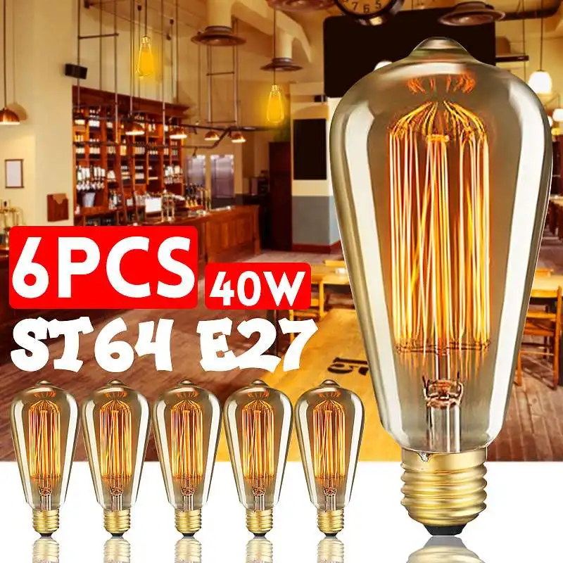 6 шт./кор. ST64 E27 светодиодный 40 W диммируемая лампа EDISON ЛАМПЫ под старину Винтаж нить накаливания свет лампы 2200 K AC220V