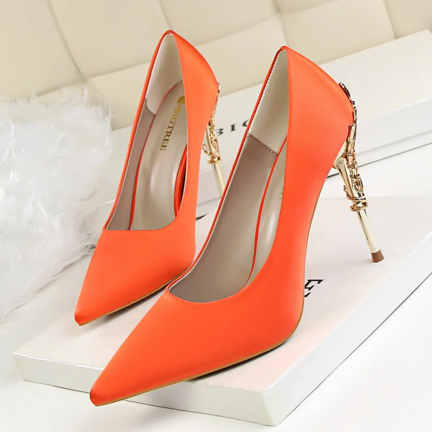 LAKESHI Для женщин насосы лето Женская обувь на каблуке сексуальные высокие на шпильках женская обувь на выход Модные свадебные туфли каблуки 10 см - Цвет: orange