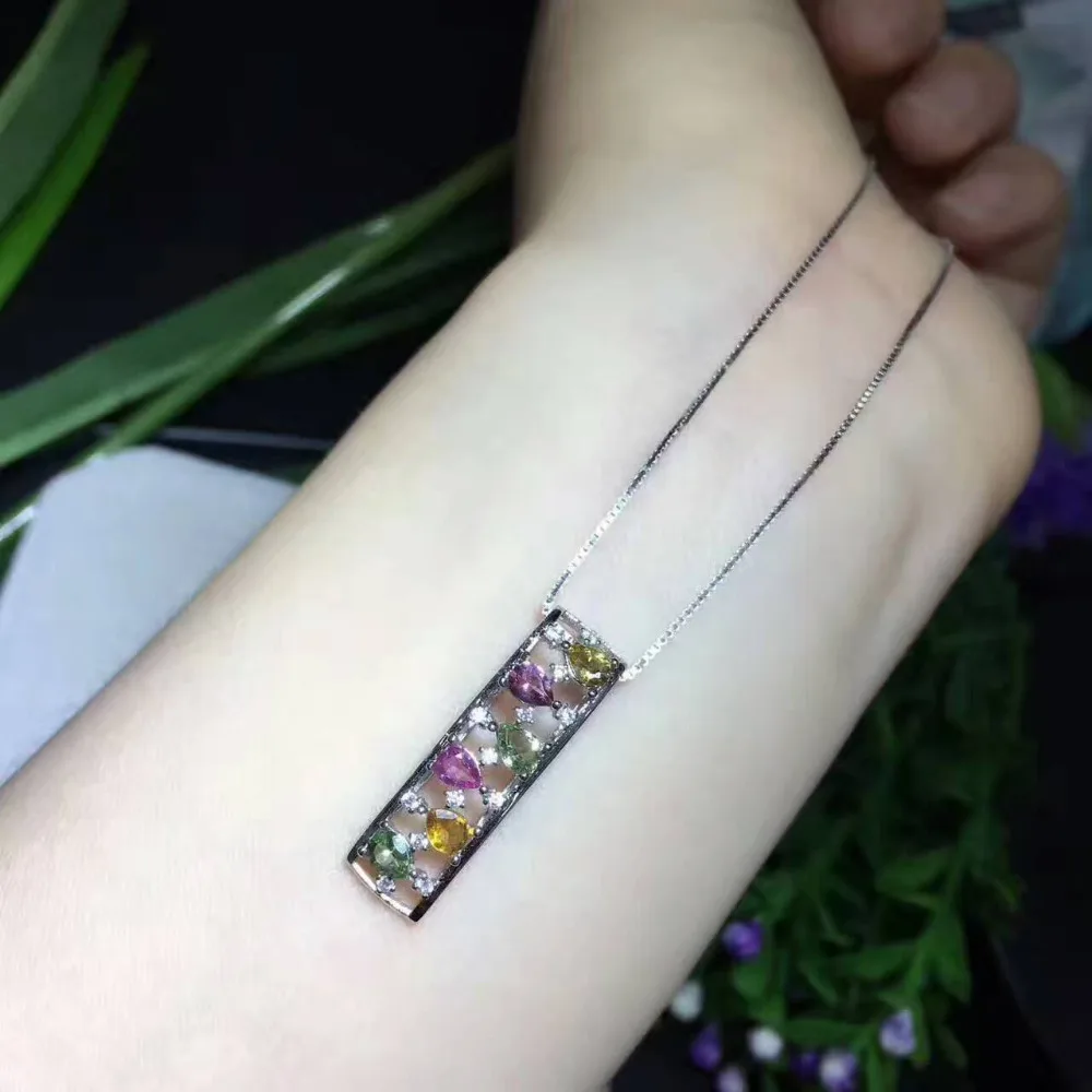  Naturel multicolore tourmaline pendentif naturel pierre gemme pendentif collier 925 argent mode rec
