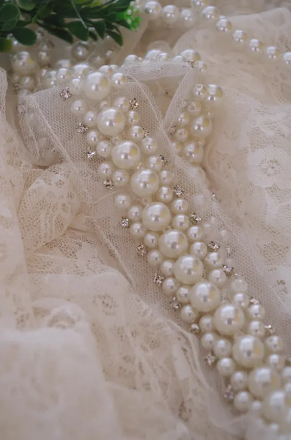 

1yard pearl beaded trim, pearl lace trim, pear bead rhinestone trimming for sash, headband, top quality wedding decors