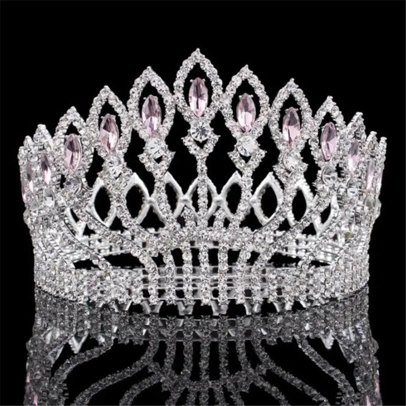 Барокко Диадема горный хрусталь королева король диадема невесты корона ювелирные изделия головной убор свадебные диадемы и короны аксессуары для волос - Окраска металла: Silver Pink
