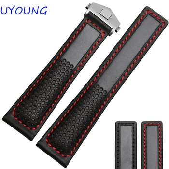 

Hot Sales 22mm Black red Genuine Leather Watch Band Men Air Permeability With Holes Strap