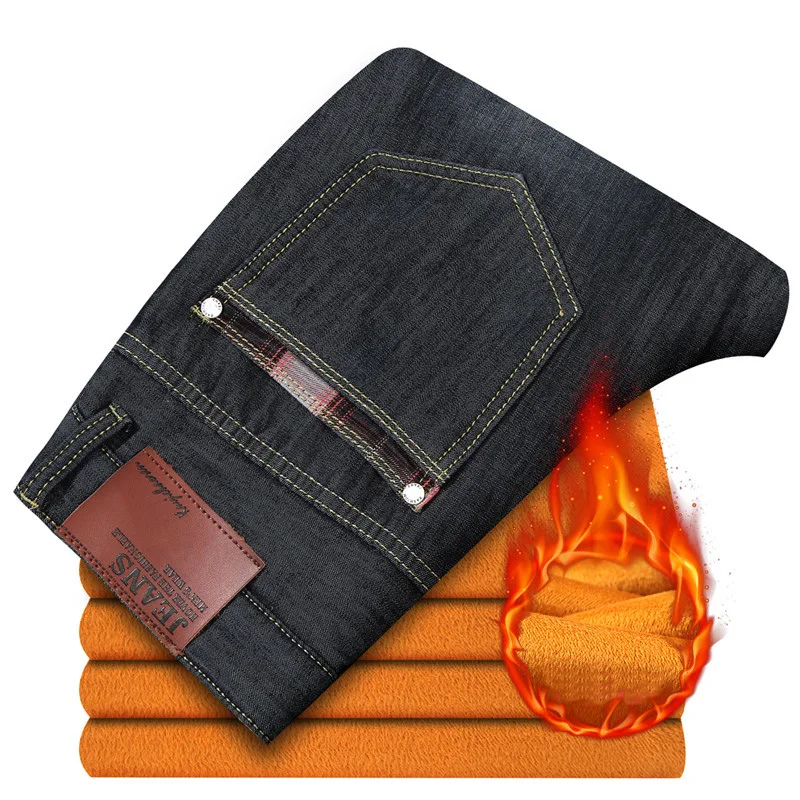 Мужчины Сгустите Прямые Denim Жан Теплый Плюс Бархат Мода Slim Брюки Осенние И Зимние