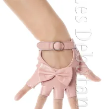 Женские розовые кожаные перчатки без пальцев с бантом