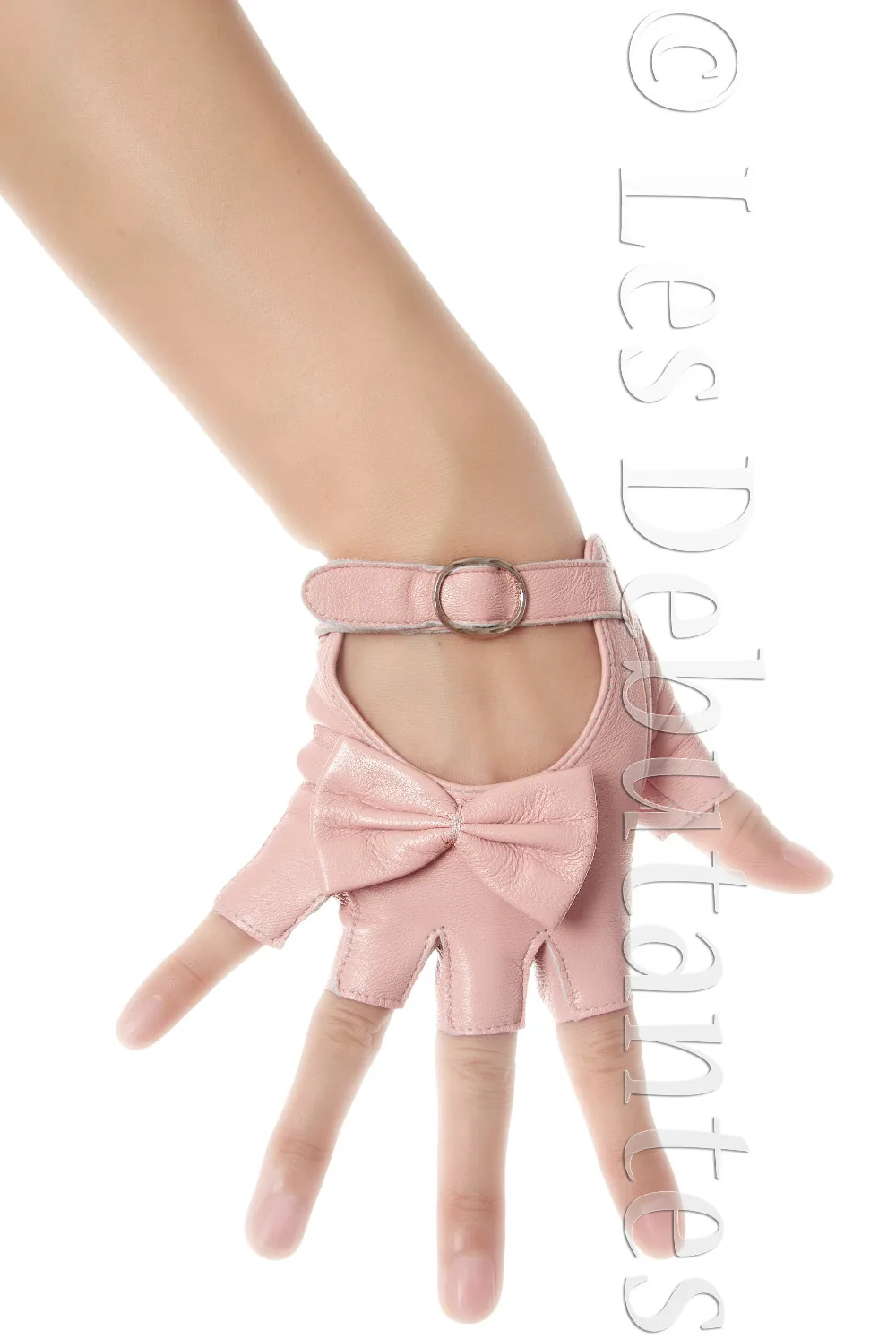 

WOMEN'S PINK FINGERLESS BOW LEATHER GLOVES