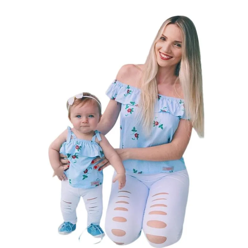 

Mommy and Me Baby Girl Floral Print Sleeveless Ruffles T-Shirt Tops Family Clothes family matching clothes matching outfits