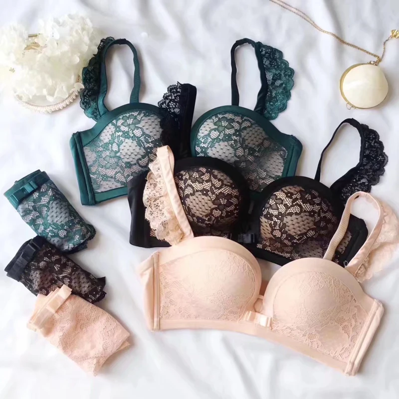 

Seamless Bra Sets Lace Wireless Push Up Half Cup Soft Bra with Removable Straps Palm Shape Bra and Panties Set Women Lingerie