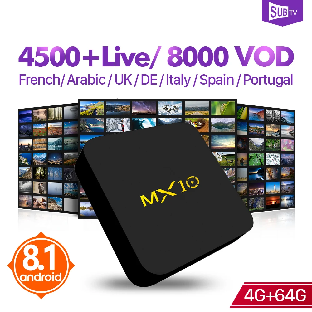 

MX10 SUBTV Arabic France IPTV 1 Year 4+64G French Italian Portugal Turkish IPTV Code IPTV Subscription IP TV Box Android 9.0 4K