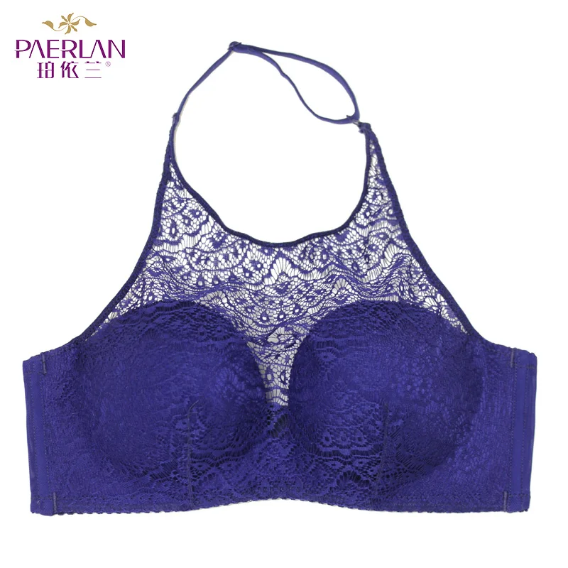 PAERLAN Hanging neck without straps invisible underwear gathered non-slip beauty back sexy lace no steel ring bra chest Halter