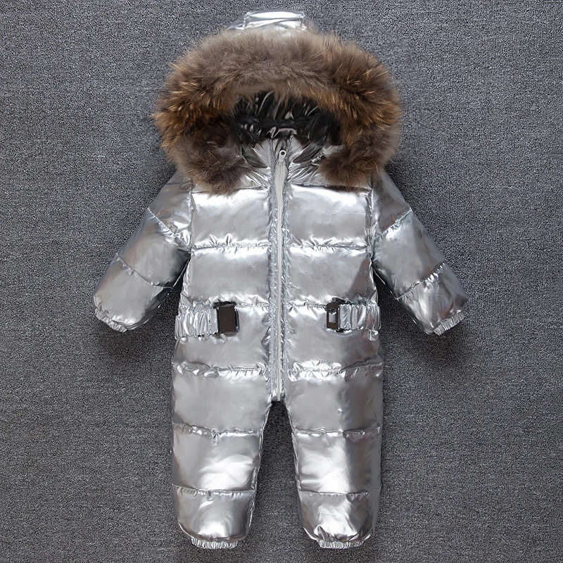  Silver baby winter Jumpsuit Romper kids warm Snowsuit racoon fur hooded overalls toddler costume du