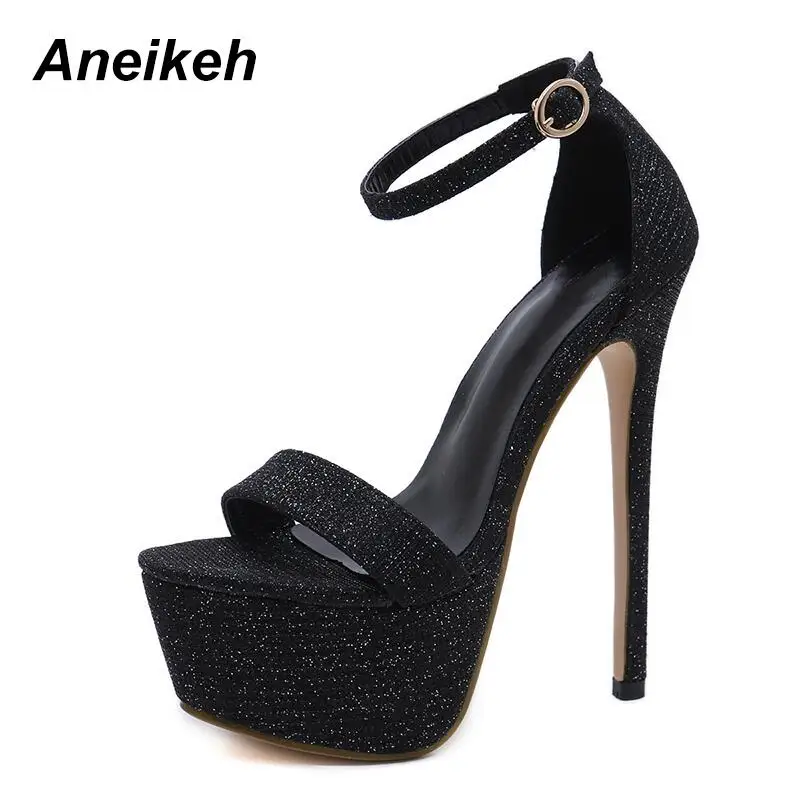 Aneikeh/Новые летние блестящие женские босоножки на высоком каблуке пикантные женские вечерние и свадебные босоножки на платформе размеры 42, 43, 44, 45, 46 - Цвет: Black