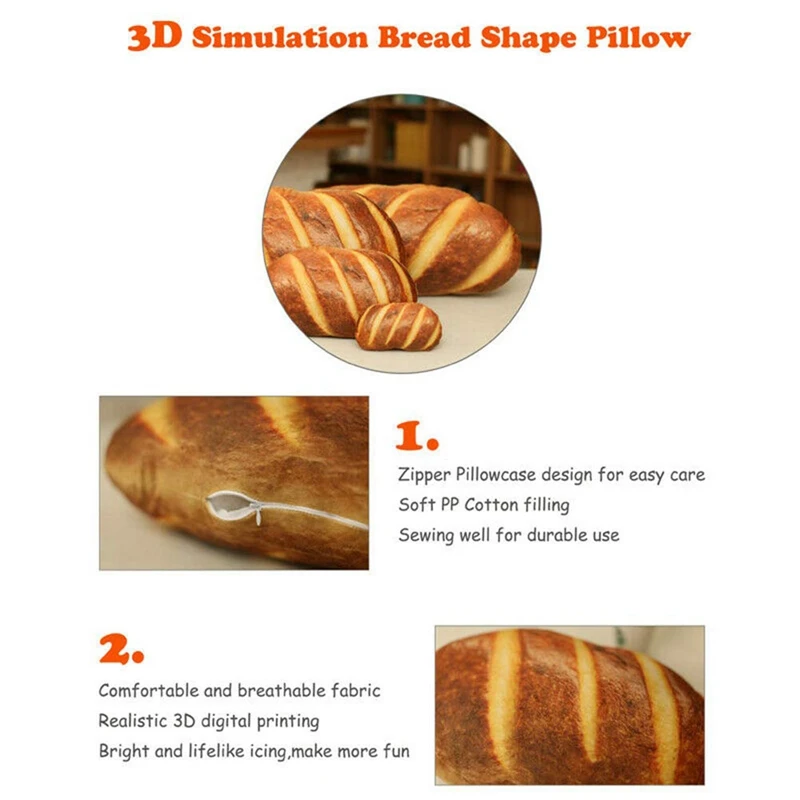 

3D Simulation Bread Shape Pillow Soft Lumbar Back Cushion Funny Food Plush Stuffed Toy for Home Decor