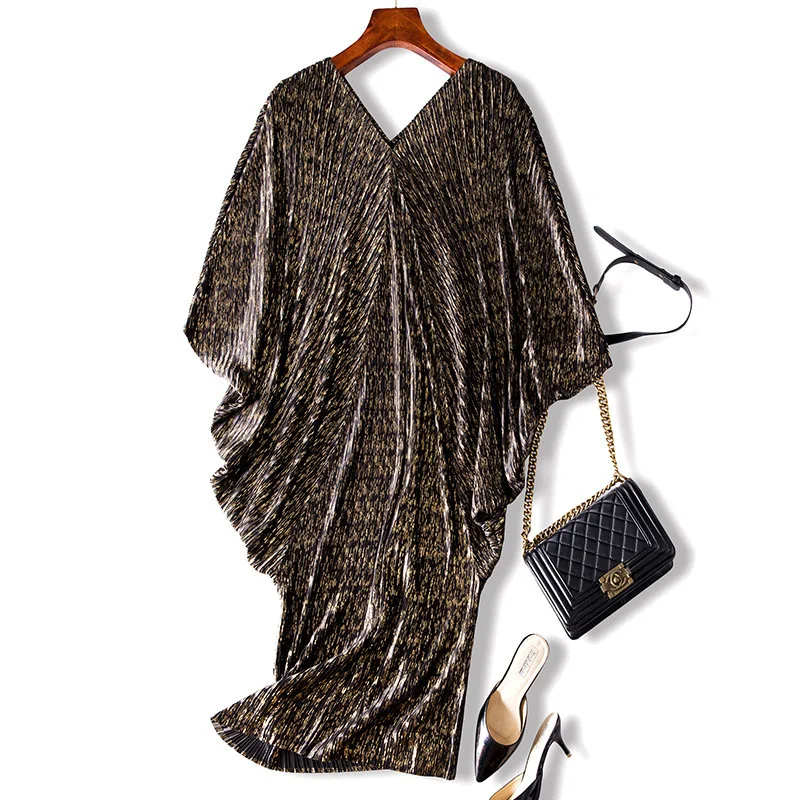 LANMREM Высокое качество Новая мода V воротник складки рукав летучая мышь свободные большие размеры платье для женщин Одежда с принтом Vestido YE853