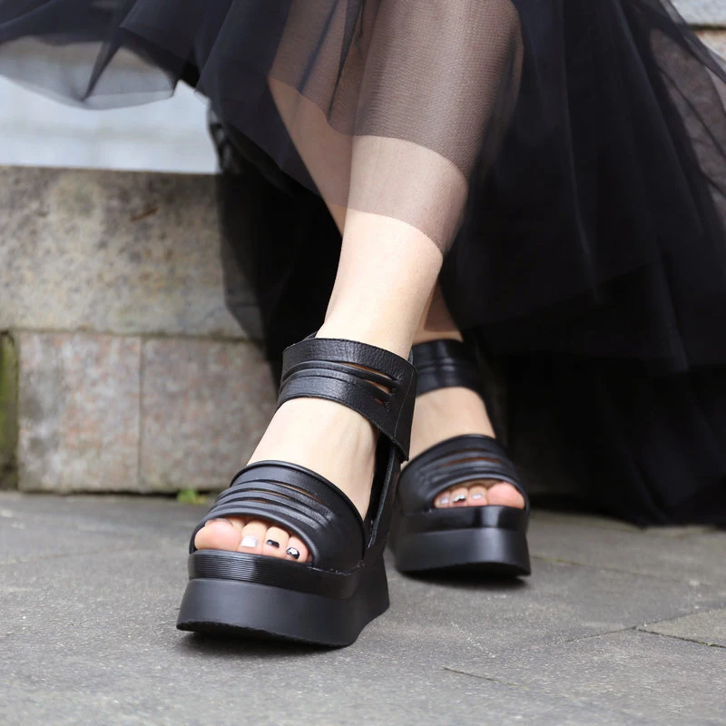 

Women Leather Sandals 8 Cm High Heels Open Toe 2019 Summer Shoes Girl Rome Sandals Simple Black Handmade Genuine Leather Sandals