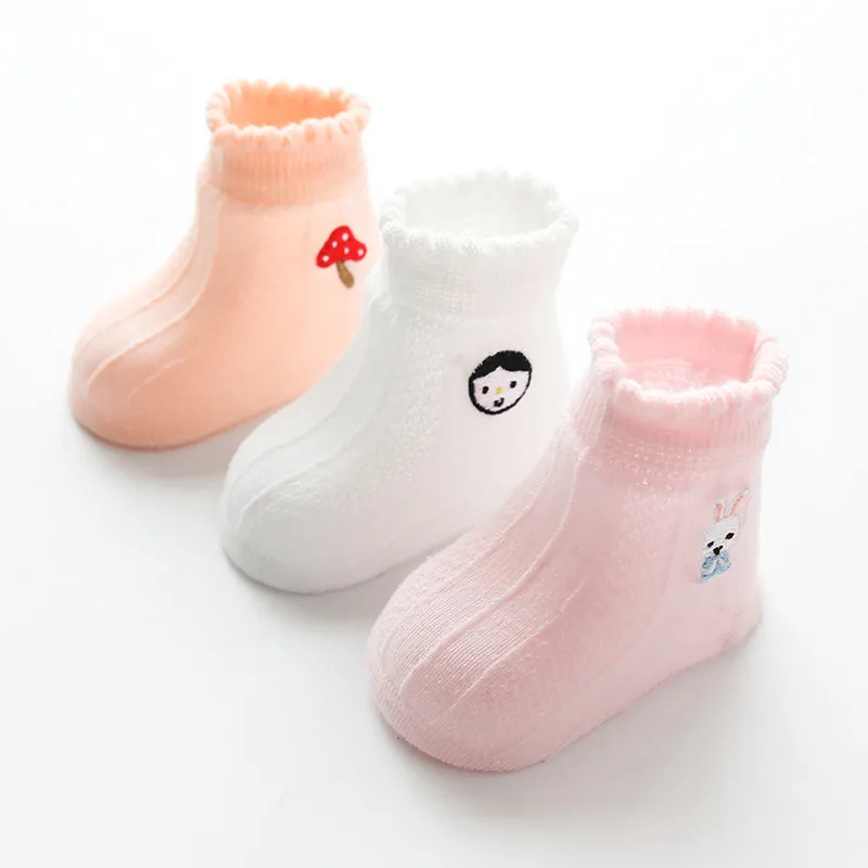 

3Pcs/Set Infant Baby Summer Socks Toddler Cotton Mesh Sock Pure Color With Embroidery Cartoons Newborn Kids Socks