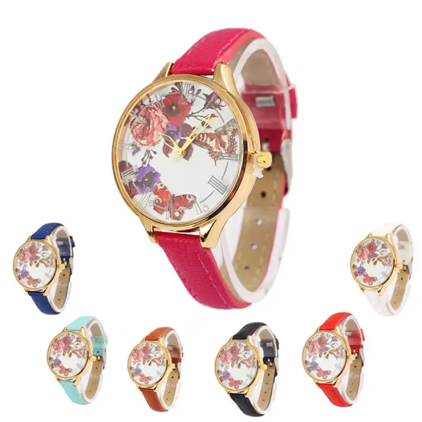 Beautiful Ladies Women's Watch Floral Print Quartz Watches PU Leather Strap Flowers Girls Women
