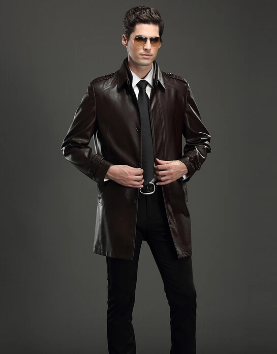 Новинка! на осень-зиму для мужчин модный бренд кожаная куртка и переснованные ленты, с лацканами, для досуга кожаный плащ/M-3XL